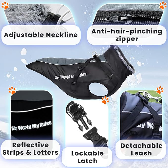 Dog Coat for Medium Large Dogs,Waterproof Reflective Dog Winter Jacket with Harness, Fleece Snowsuit,Warm Pet Winter Coat(grey-4XL)