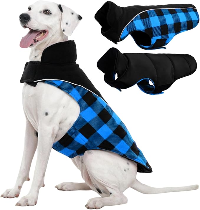 Kuoser Dog Winter Coat, Reversible Waterproof Dog Jacket with Reflective Strip, Warm Dogs Fleece Vest Adjustable Doggy Cold Weather Clothes Plaid Christmas Outfit Pet Apparel for Large Dogs, Blue 2XL