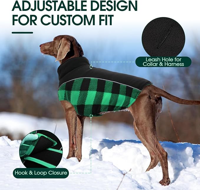 Kuoser Dog Winter Coat, Reversible Waterproof Dog Jacket with Reflective Strip, Warm Dogs Fleece Vest Adjustable Doggy Cold Weather Clothes Plaid Christmas Outfit Pet Apparel for Medium Dogs, Green M