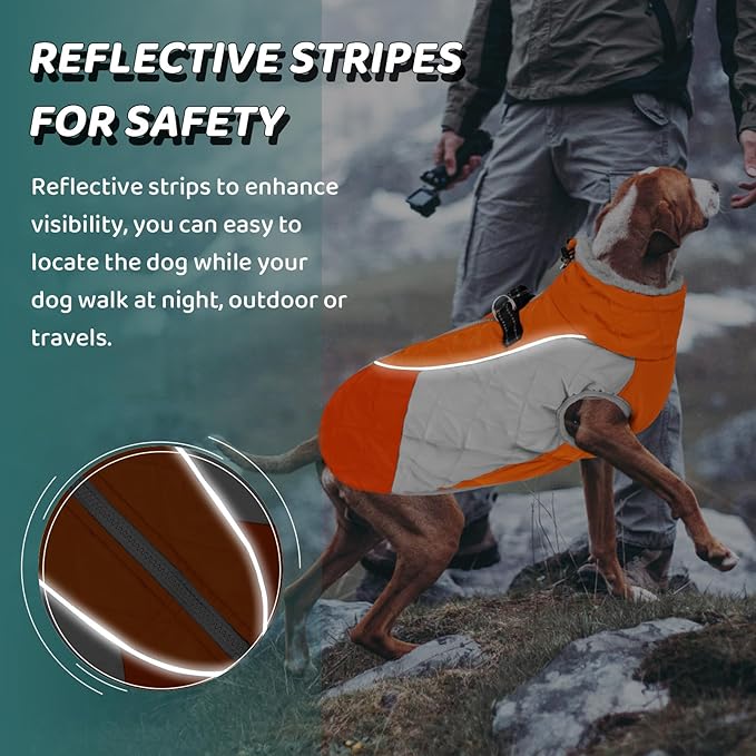 AOFITEE Dog Coat, Dog Winter Jacket, Reflective Dogs Jacket with Harness Built in and Fleece Lined, Waterproof Pet Winter Jacket Puffer Jacket for Small Medium Large Dogs, Orange XL
