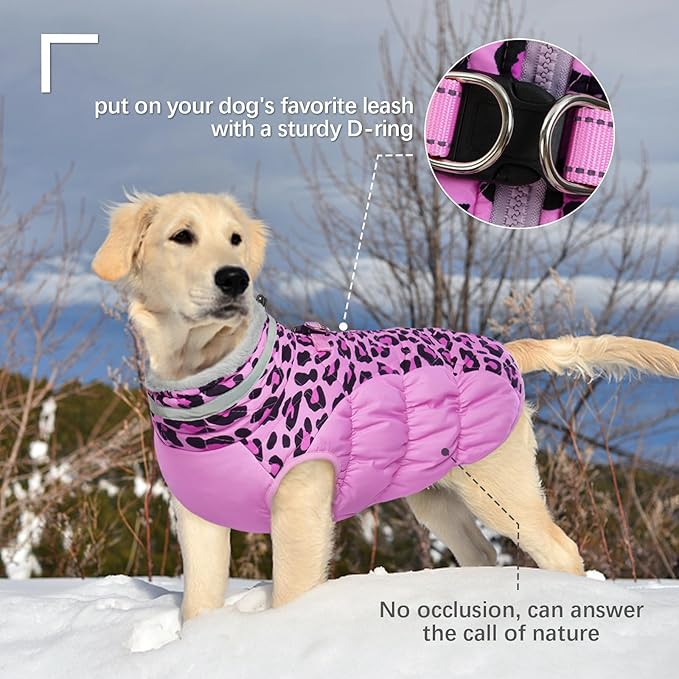 FUAMEY Dog Coat for Small Dogs,Waterproof Dog Winter Jacket with Harness Built in Puppy Cold Weather Coats Reflective Pet Vest with Zipper Warm Fleece Dogs Snowsuit Windproof Pink Leopard XS