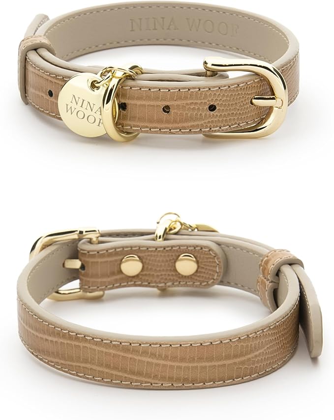 NINA WOOF Milan Vegan Leather Dog Collar - Padded Luxury Collar with Adjustable Buckle - Small to Large Dogs - Beige