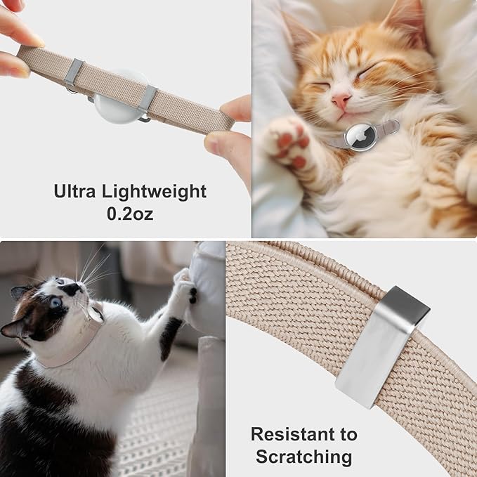 AirTag Cat Collar,Ultra Elastic Cat Tracker Collar with Apple Air Tag Holder, [Lightweight][Scratch Resistant] Stepless Adjustable GPS Pet Collar for Cats Kittens (Khaki)