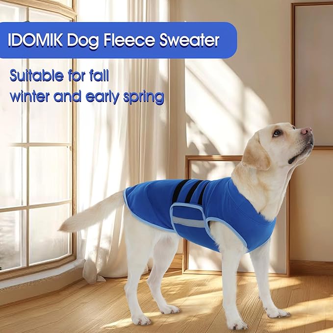 IDOMIK Warm Fleece Dog Sweater for Large Dogs,Soft Winter Dog Fleece Jacket Coat for Fall Cold Weather,Adjustable Fleeced Vest with Reflective Strips,Pullover Pet Sweatshirt for Girl Boy Dogs,Blue,3XL