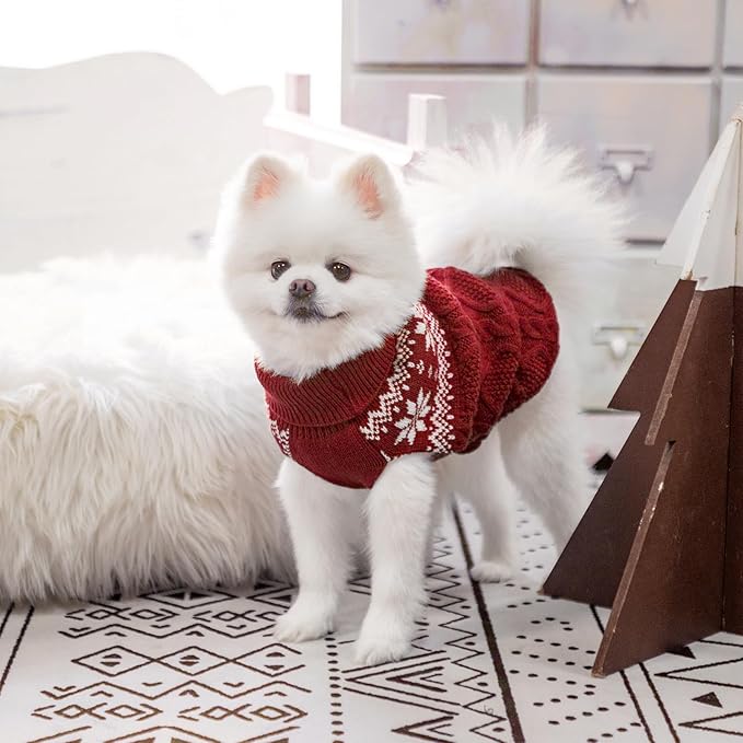Warm Winter Pink Dog Sweater - Cold Weather Pet Clothes for Small Medium Large Dogs Indoor Outdoor, Soft Classic Knit Puppy Apparel Coat, Dark Red, XS