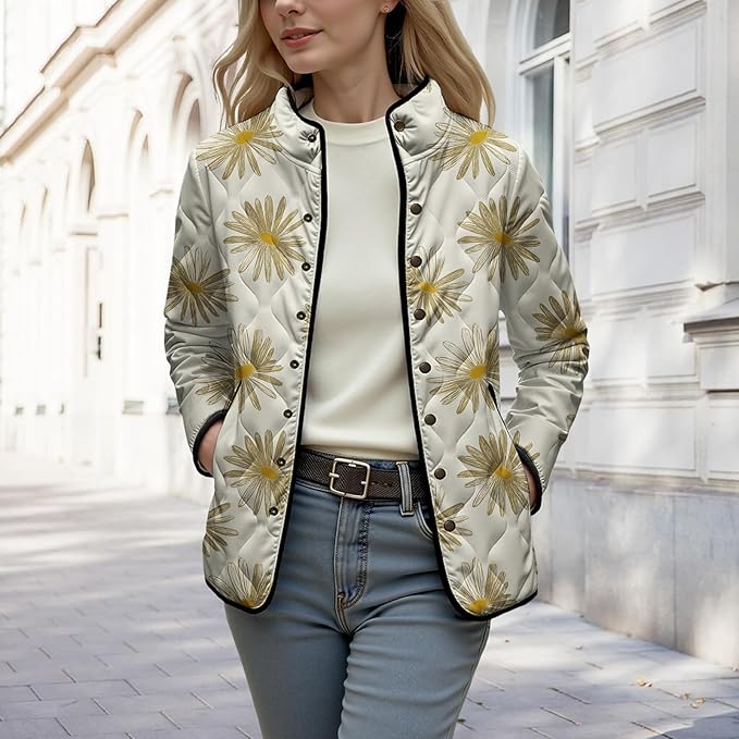 LIZALIG Women's Cropped Puffer Jacket Lightweight Floral Print Long Sleeve Padded Quilted Puffy Cardigan Coat