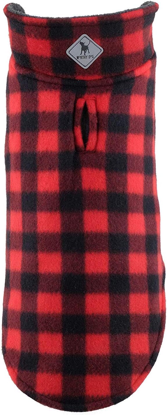 The Worthy Dog Fargo Fleece Buffalo Dog Jacket, Adjustable Reversible with Harness Hole, Wind-Resistant, Winter Outdoor Clothes for Pets, Red - 28''