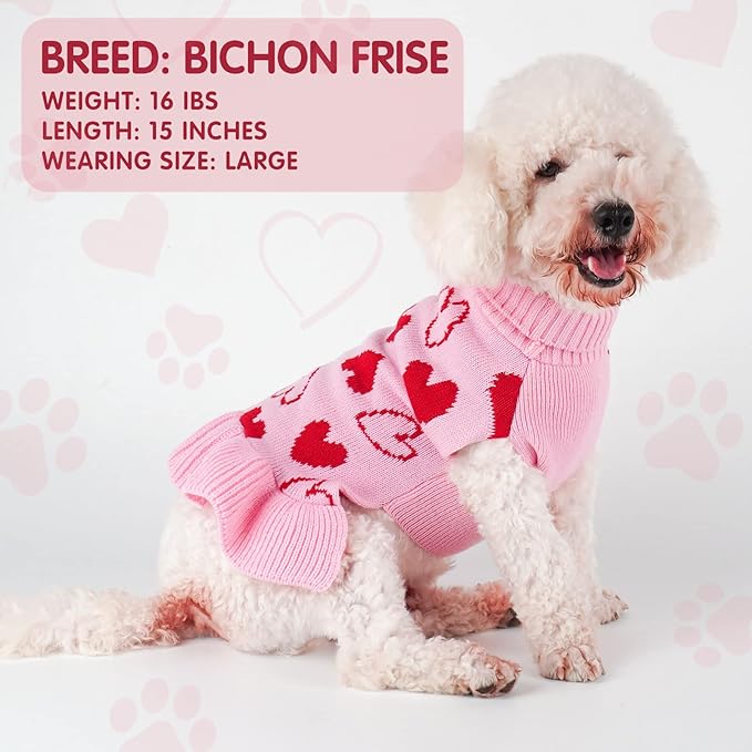 cyeollo Dog Sweater Dress Valentines Day Dog Clothes Pullover Turtleneck with Leash Hole Heart Pattern Holiday Theme Female Pet Apparel for Small Dogs