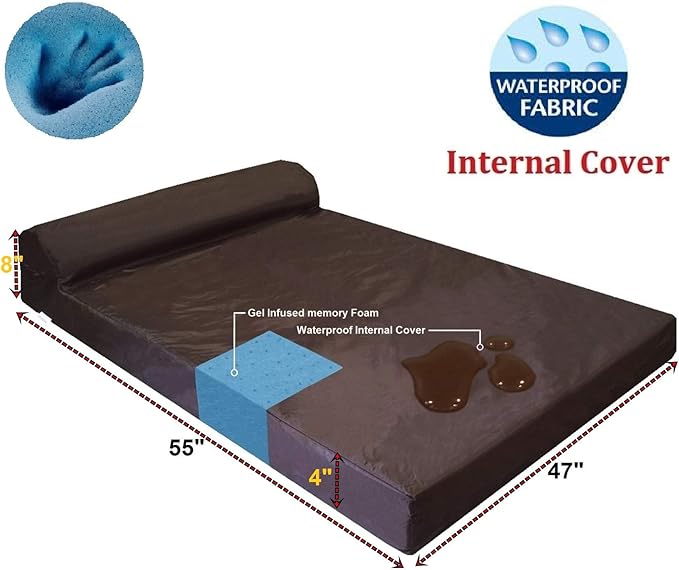 Dogbed4less Premium HeadRest Orthopedic Cooling Memory Foam Dog Bed for Extra Large Dogs with Waterproof Lining and Washable Suede Brown Cover, Jumbo 55X47X4