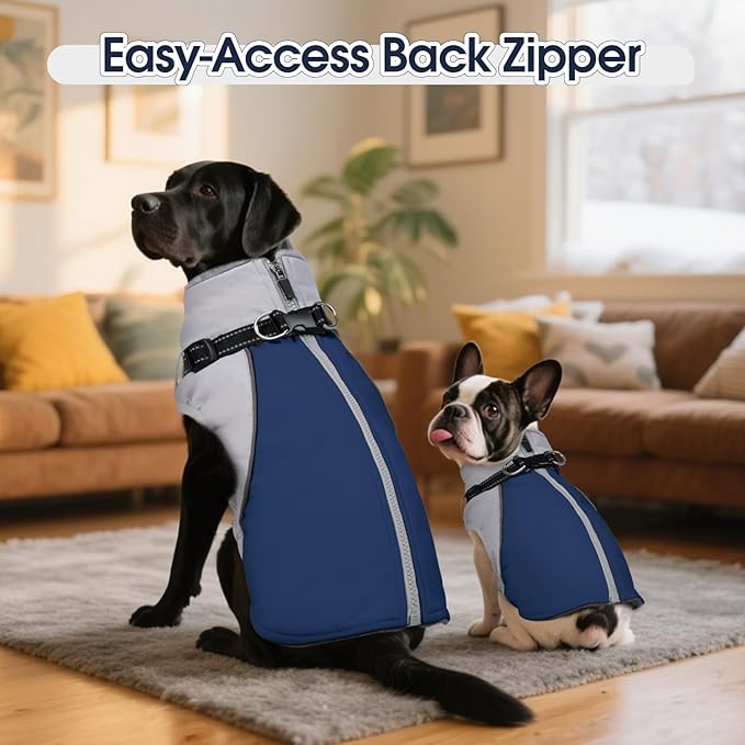 DENTRUN Dog Coat with Harness Built in, Easy On/Off Zipper Closure Winter Dog Vest, Water-Repellent Fleece Lined Warm Jacket with Reflective for Small Dogs, Dark Blue, S