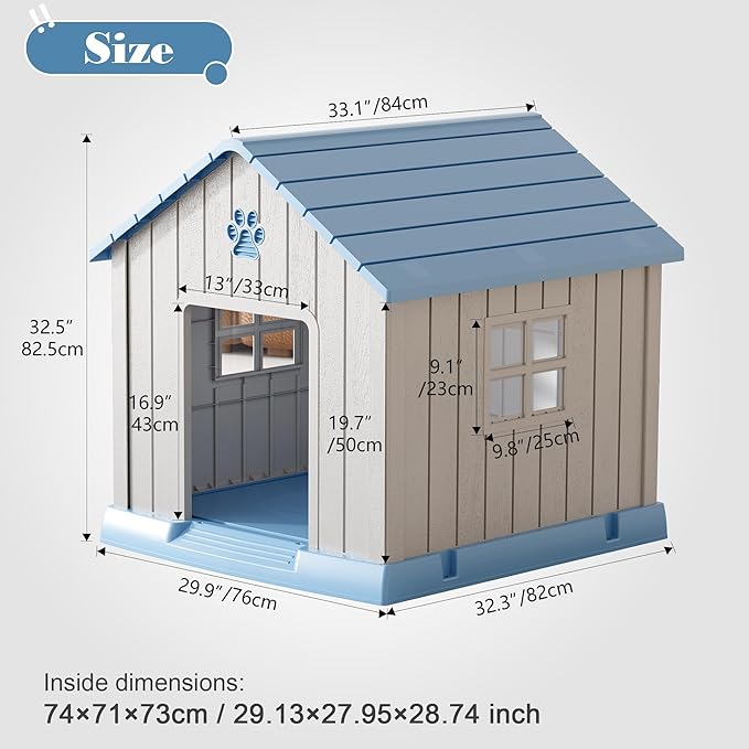 Dog House for Outdoor & Indoor Use with Window, Waterproof Ventilated Kennel with Elevated Floor, Easy to Clean Shelter for Small Medium Large Dogs (Blue, 29.9" L x 32.3" W x 32.5" H)