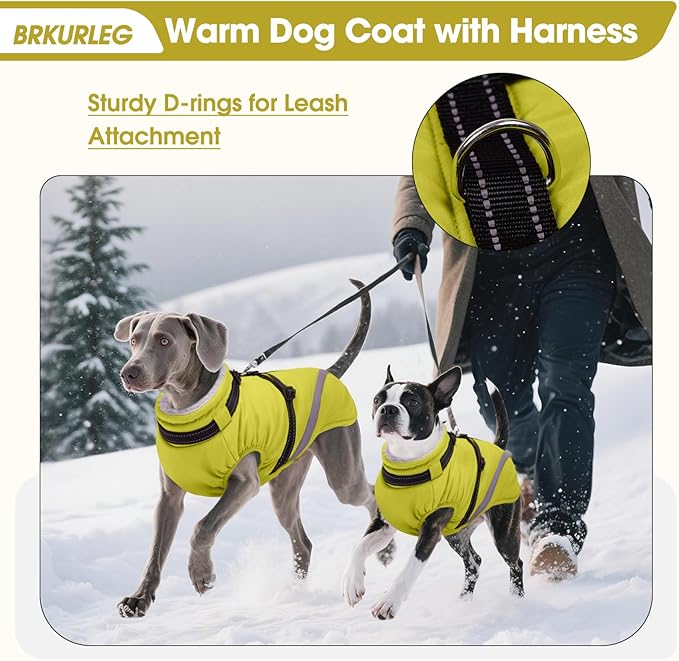 BRKURLEG Dog Winter Jackets for Large Dogs, Dog Coat with Harness Built in, Dogs Snowsuits with Zipper, Waterproof Windproof Pet Puffer Jacket Fleece Vest for Labrador, Dalmatian, Green XXL