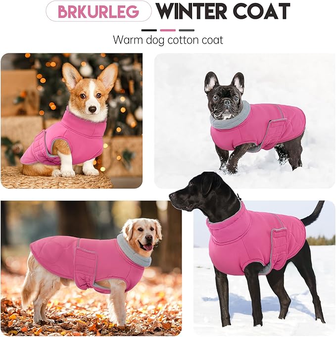 BRKURLEG Dog Winter Jacket, Warm Dog Winter Coats for Small and Medium Large Dogs, Reflective Adjustable Pet Cold Weather Coats, Waterproof Dogs Snow Jacket Clothes Fleece Vest (L, Rose Red)