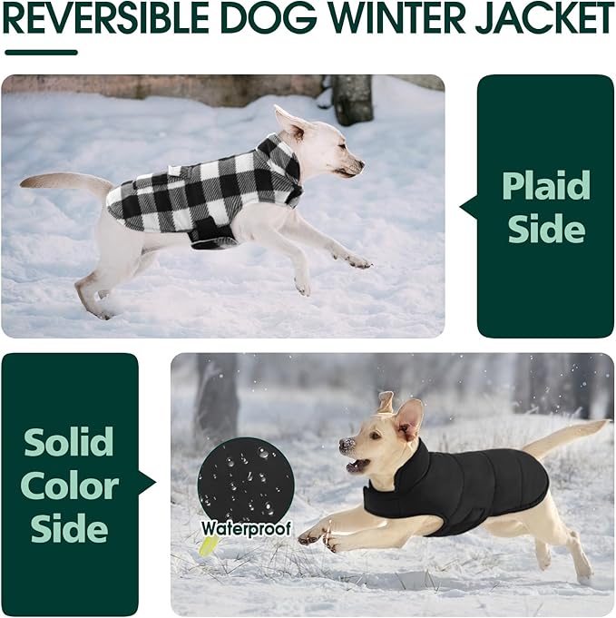 Kuoser Dog Winter Coat, Windproof Dog Fleece Jacket British Style Plaid Cold Weather Doggie Vest Coats, Reversible Cozy Warm Puppy Clothes Pet Apparel for Small Dogs S