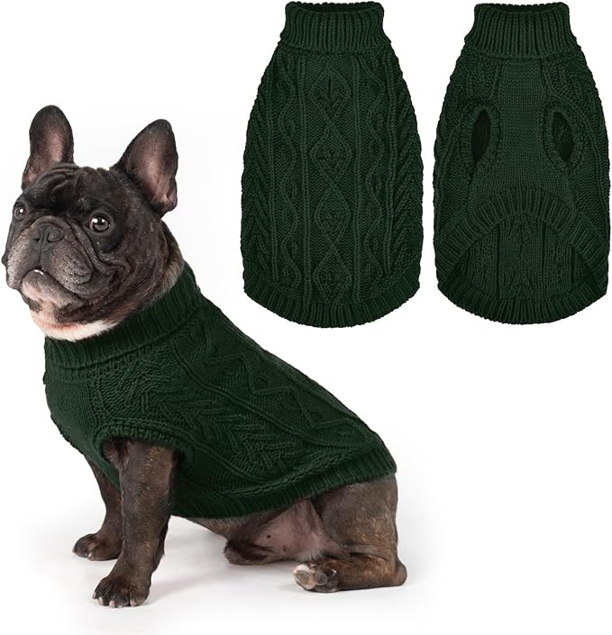 PUPTECK Dog Sweater, Turtleneck Warm Knitted Pullover Coat, Thick Cable Knitwear Clothes in Winter, Pet Apparel Outfits for Small Medium Dogs, for Cold Weather Indoor & Outdoor, Deep Green M