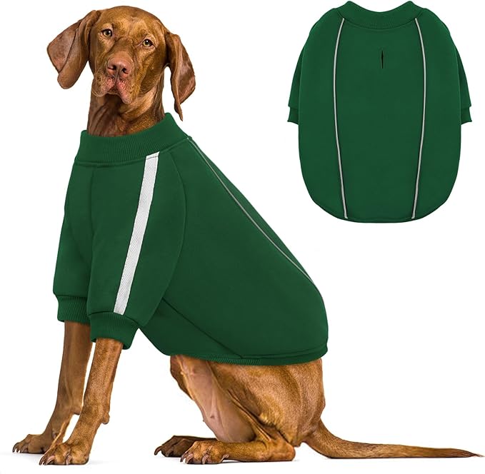 Queenmore XXL Christmas Dog Sweater, Cozy Fleece Dog Sweatshirt, Warm Winter Fleece Jacket for Small, Medium & Large Dogs with Leash Hole/Reflective Stripes Green