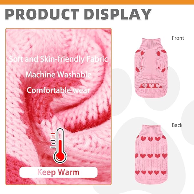 KOOLTAIL Cable Knit Dog Sweater Turtleneck, Cold Weather Pullover Classic Knitwear, Snowflake Pattern Thick Warm Winter Pet Clothes,Dog Christmas Sweater for Small Medium Large Dogs,Pink Heart L