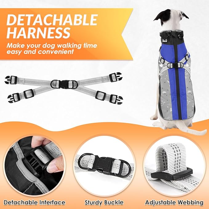 SlowTon Dog Jacket with Harness Built in - Waterproof Fleece Winter Warm Dog Coats for Small Medium Dogs, Reflective Adjustable Furry Puppy Vest Clothes for Outdoor Walking (Blue,L)