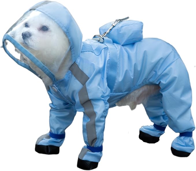 Full Coverage Small Dog Raincoat, Waterproof with Four-Leg Protection, Ideal for Teddy Bears, Includes Waterproof Mini Backpack (Blue, Small(Suggest Weight 3.3-5.5lb))