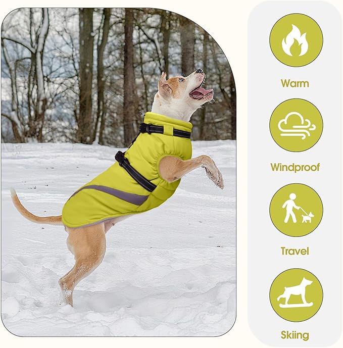 BRKURLEG Dog Winter Jackets for Large Dogs, Dog Coat with Harness Built in, Dogs Snowsuits with Zipper, Waterproof Windproof Pet Puffer Jacket Fleece Vest for Labrador, Dalmatian, Green XXL