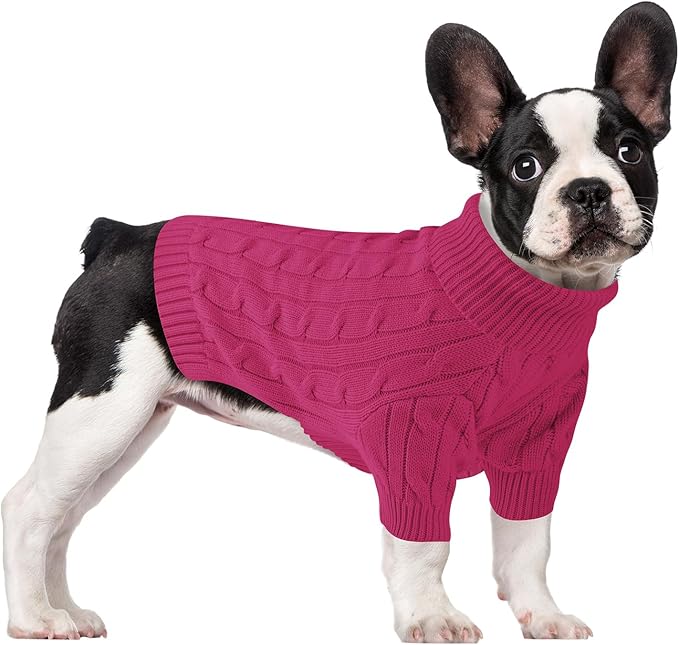 Small Dog Thermal Pullover Sweater, Classic Turtleneck Cable Knitwear Dog Clothes for Cold Weather Warm Pet Clothes for Chihuahua, Bulldog, Dachshund, Pug Hot Pink Medium