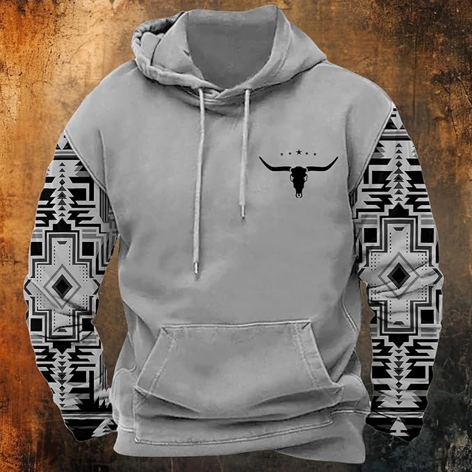 HOTYD Mens Western Aztec Sweatshirts Long Sleeve Fall Fashion Drawstring Pullover Vintage Graphic Cowboy Hoodie for Men