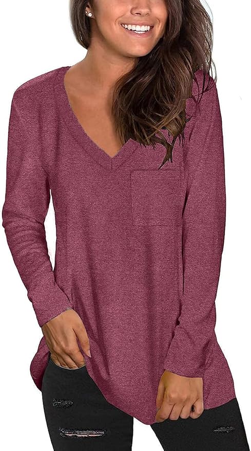 Tobrief Women's Long Sleeve V-Neck Shirts Fall Graphic Tees Loose Casual T-Shirt