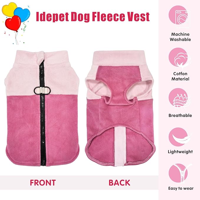 Idepet Dog Fleece Vest Sweater Zip Up Warm Pullover Dogs Jacket with D-Ring Leash Winter Cold Weater Coat Pet Sweatershirt Clothes Hoodie for Small Medium Dogs Boy Girl (Pink/Rose Red, L)
