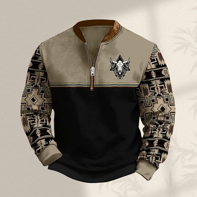 HOTYD Aztec Cowboy Jacket Men Vintage Bullhorn Printed Oversized Western Sweatshirt Long Sleeve Quarter Zip Pullover