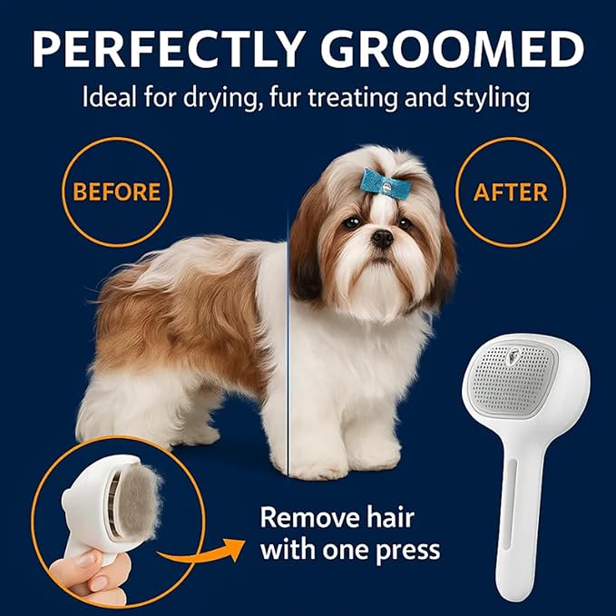 Dog Shower Brush, Freshfur Shower Brush + Bathing Solution, 3 in 1 Self Cleaning Steamy Pet Brushes, Dog Grooming Tool for Long & Short Hair, Removes Loose Hair Reduces Shedding (White)
