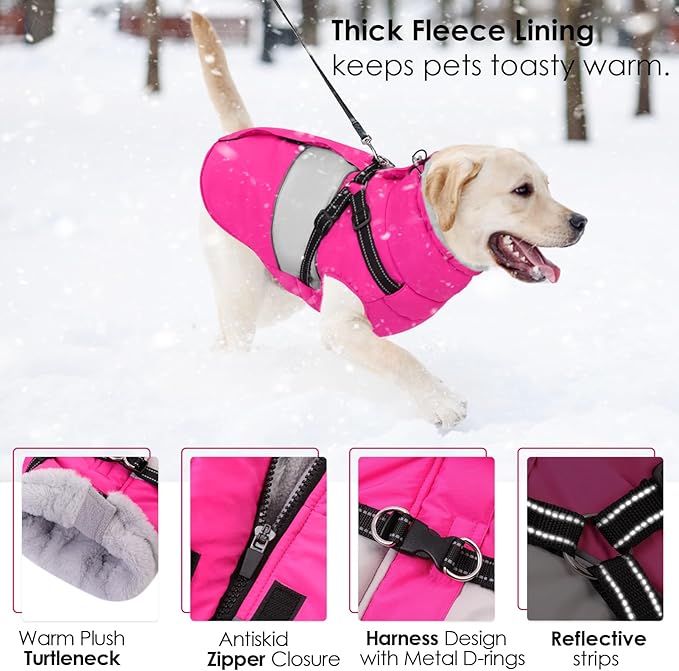 AOFITEE Dog Coat Warm Dog Winter Coat, Waterproof Dogs Jacket with Harness, Dogs Snow Jacket Snowsuit with Zipper & Furry Collar, Reflective Windproof Pet Sweater for Cold Weather, French Bulldog, L