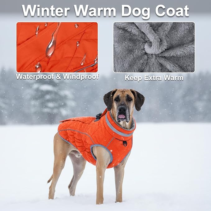 Dog Coat, Warm Dog Winter Coat for Small Dogs, Waterproof Jacket with Harness Built in, Reflective Turtleneck Cold Weather Coats with Zipper,Pet Fleece Vest Snow Jacket, Orange S