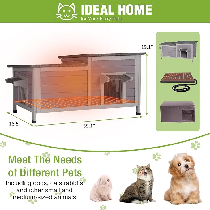 GUTINNEEN Heated Cat House Outdoor Cat House Insulated Large Weatherproof Feral Cat Shelter with Heated Pad, Insulated All-Round Thermal Liner, Chewproof Cable for 1-4 Cats (Winter-Ready)