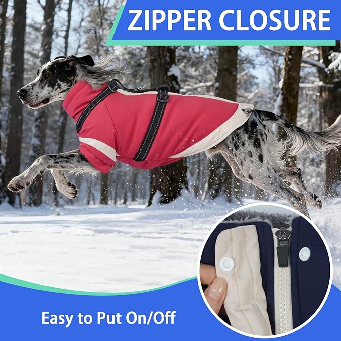 MIGOHI Dog Coat with Harness Built in, 2-in-1 Thermal Dog Winter Coat, Windproof Reflective Jacket with High Collar for Medium Dogs, Easy On Back Zipper, Cocker Spaniels, Pink, L