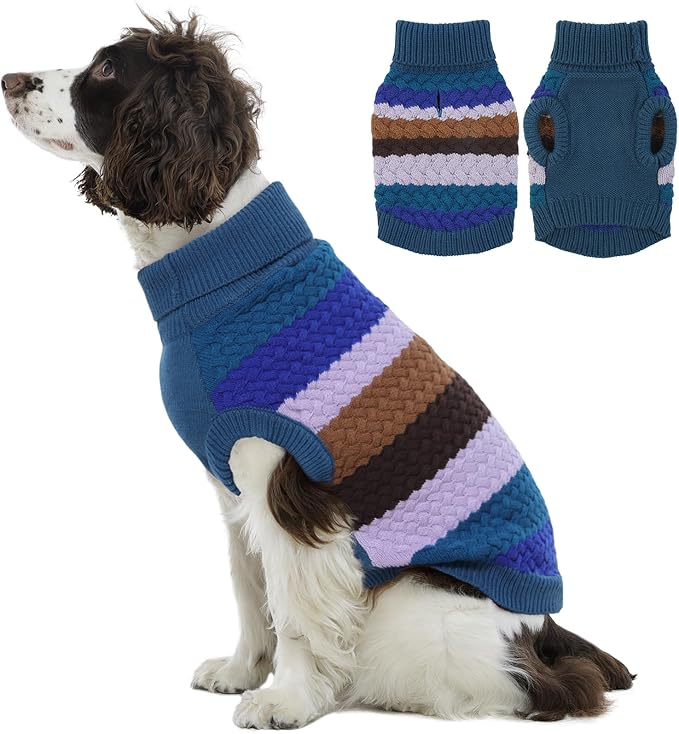 Kuoser Dog Sweater, Pet Cable Knitted Pullover Puppy Warm Clothes, Doggy Turtleneck Classic Knitwear Soft Thickening Doggie Outfit, Cold Weather Thermal Wear for Large Size Dogs, Blue 2XL