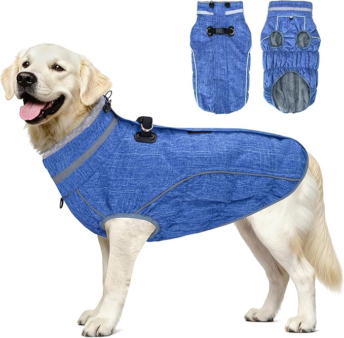 Malier Dog Coat, Reflective Dog Jacket Waterproof Windproof Puppy Cold Weather Coats with Harness Built in, Winter Extra Warm Pet Coat Fleece Vest for Small Large Pets and Puppy (Blue, Large)