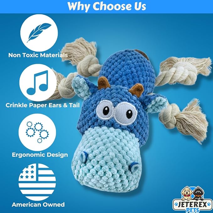 Large Dog Toy - Blue Cow Squeaky Dog Toys for Large Dogs, Medium and Small Dogs. Interactive with Pineapple Plush Fabric, Rope Legs, Hidden Seams, Crinkle Paper, Embroidered Eyes
