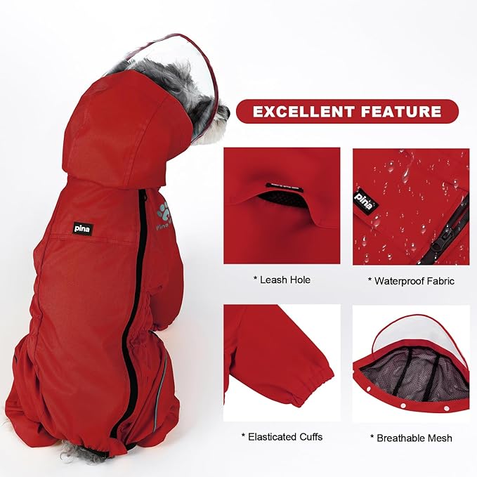 PINA Dog Raincoat - Waterproof Jacket with Hood, Lightweight Dog Rain Coat, Poncho with Reflective Strap and Pocket for Wet Weather, Full Wrap Design for Full Protection