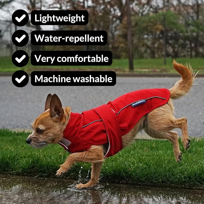 DJANGO Dog Jacket & Raincoat – Lightweight Water-Resistant Coat for Small, Medium & Long Dogs Like Dachshunds – Reflective, Adjustable Fit, Harness-Compatible & Easy-Access Harness Hole - Red, Large