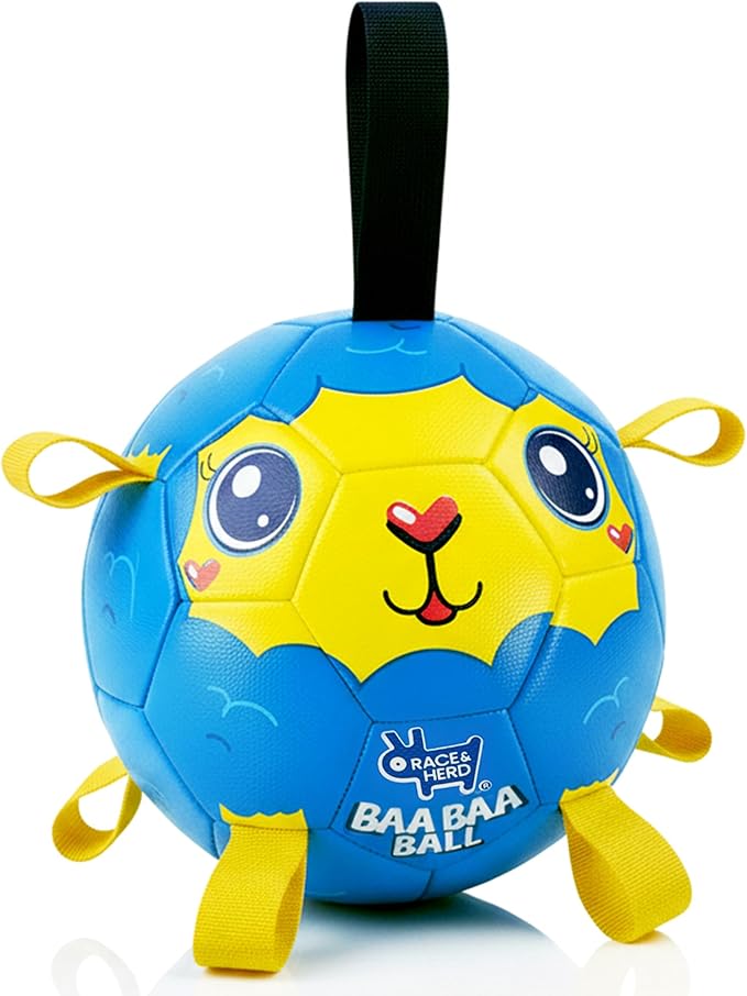Race&Herd 8" Jolly Soccer Ball for Dogs - Tough Durable Dog Ball Toy with Straps, Pet Bouncy Herding Balls for Dogs, Floating Dog Balls with Tags for Water Fetch (BaaBaaBall, Mama Sheep)