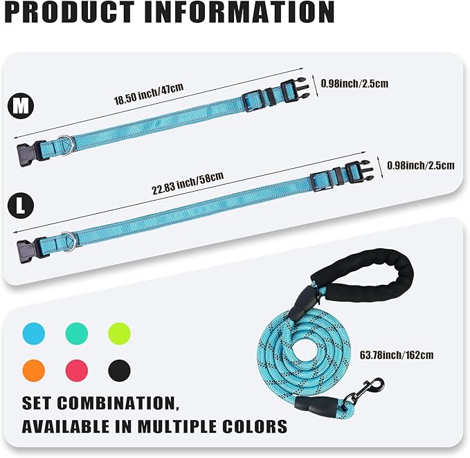 Nylon Dog Leash for Medium Large Dogs, 5-FTReflective Heavy Duty Leash with Comfortable Handle & Poop Bag Dispenser Ring, 1/2 Inch Wide, Secure Reinforcement for Walking (Blue, L)