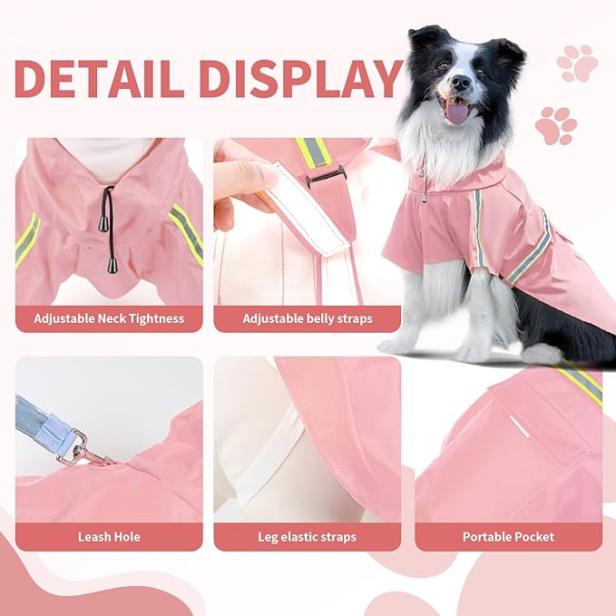 Dog Raincoat, Waterproof Windproof Dog Rain Jacket Adjustable, Rain Coat with Leash Hole, Reflective Strap Raincoat Poncho for Small Medium Large Dogs Outdoor (Reflection-Pink, X-Large)