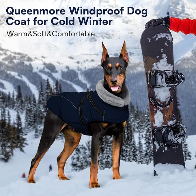 Queenmore Large Dog Coat,Dog Jacket for Extra Large Dogs with Harness Built in,Reflective Waterproof Dogs Jackets with Fleece Lining,Warm Snowsuit Pet Coats for Doberman,Labrador,NavyBlue,XXL