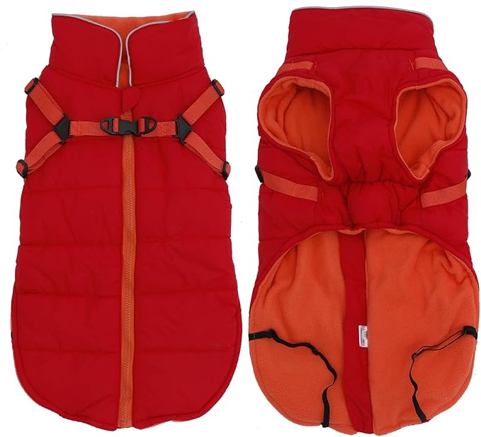 Geyecete Winter Warm Coat Waterproof Dog Winter Jacket with Harness Traction Belt,Windproof Pet Outdoor Jacket Dog Autumn-Red-S