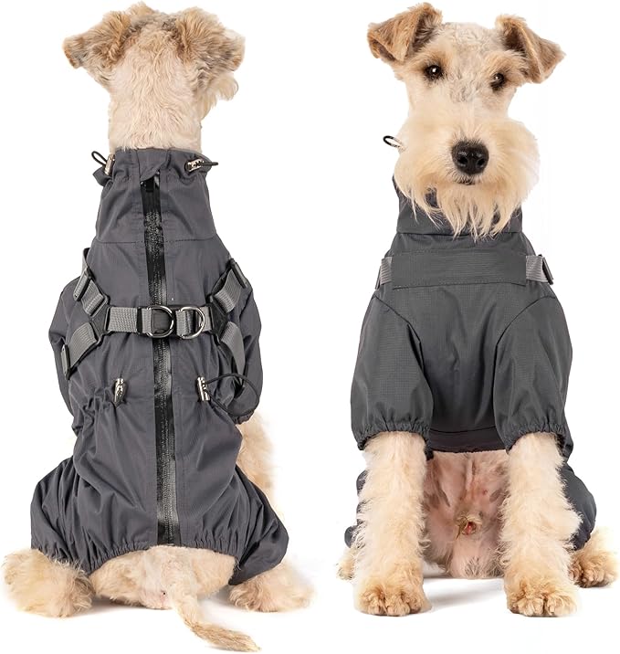 Mile High Life Waterproof Dog Raincoat, Full Coverage Small Dog Rain Coat with Harness, Adjustable 4 Legs Puppy Rain Jacket with Reflective Strip and Elastic Cuffs (Gray, XXS Back Length 9.8")