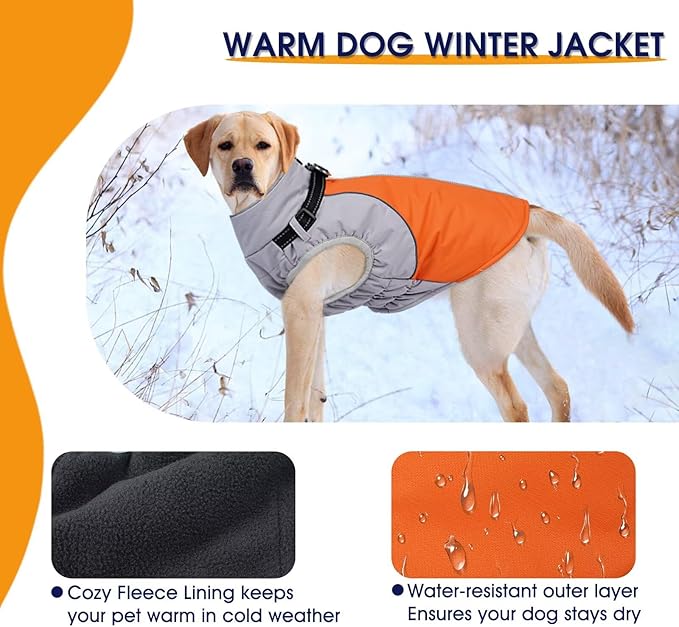 Dog Coat for Large Dogs,XXXL Waterproof Dog Jacket with Collar Built in,Reflective Winter Jacket with Fleece Lined Warm Cold Weather Coats for Extra Large Dogs,Pet Snow Jacket Suit,Orange,3XL