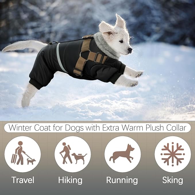 BRKURLEG Black Dog Coat with Harness, Dog Winter Jacket, Dogs Onesie Body Warm Jackets, Small Dogs Winter Coats Reflective Windproof Warm Cold Weather Coats, Pet Waterproof Jacket Hiking M