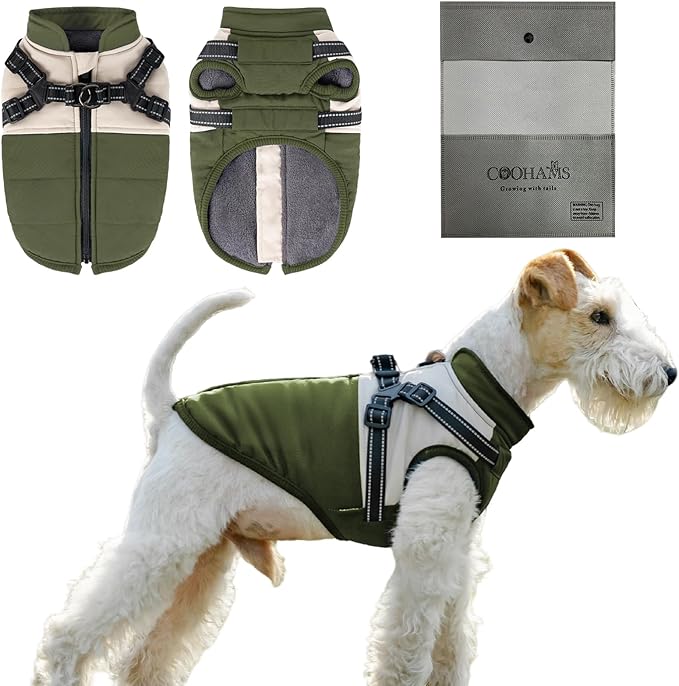 Dog Winter Coat for Small & Medium Dogs (Up to 31lb), Waterproof Dog Coat with Harness, Puppies Windproof Puppy Puffer Jacket, Snowsuit for Dachshund,Frenchie, Corgi (Classic Green, 2XLarge)