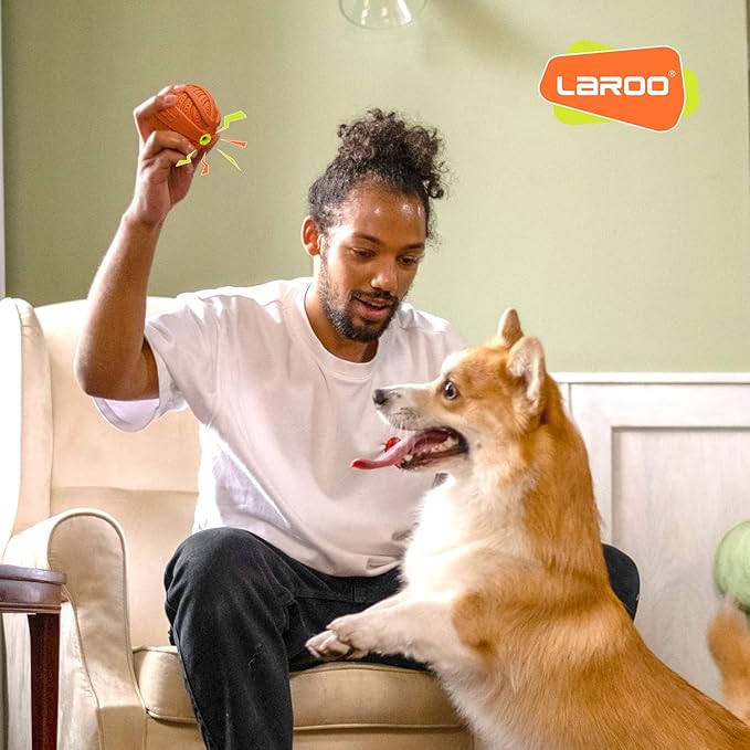 LaRoo Squeaky Dog Ball Toy, Durable Natural Rubber Squeaker Ball Floating Throwing Training, Teeth Cleaning Chew Toy for Pet Small Medium Large Dogs (3.5In Orange)