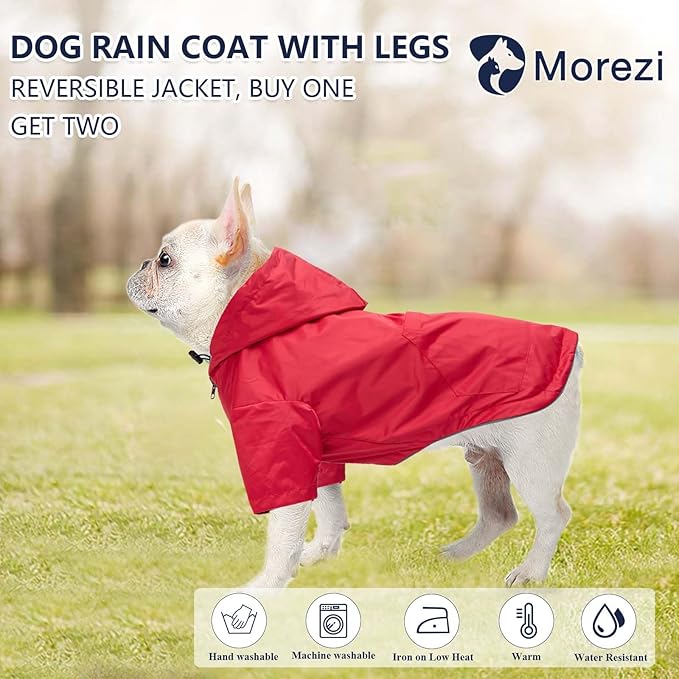 Dog Raincoat Dogs Waterproof Reversible rain Jacket Dog Small Medium Breeds Reflective Zipper Storage Pocket Harness Hole - Red - L